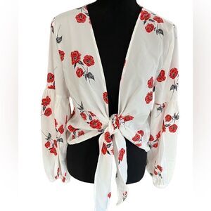 Society Amuse ivory floral print knot tie front top size M.